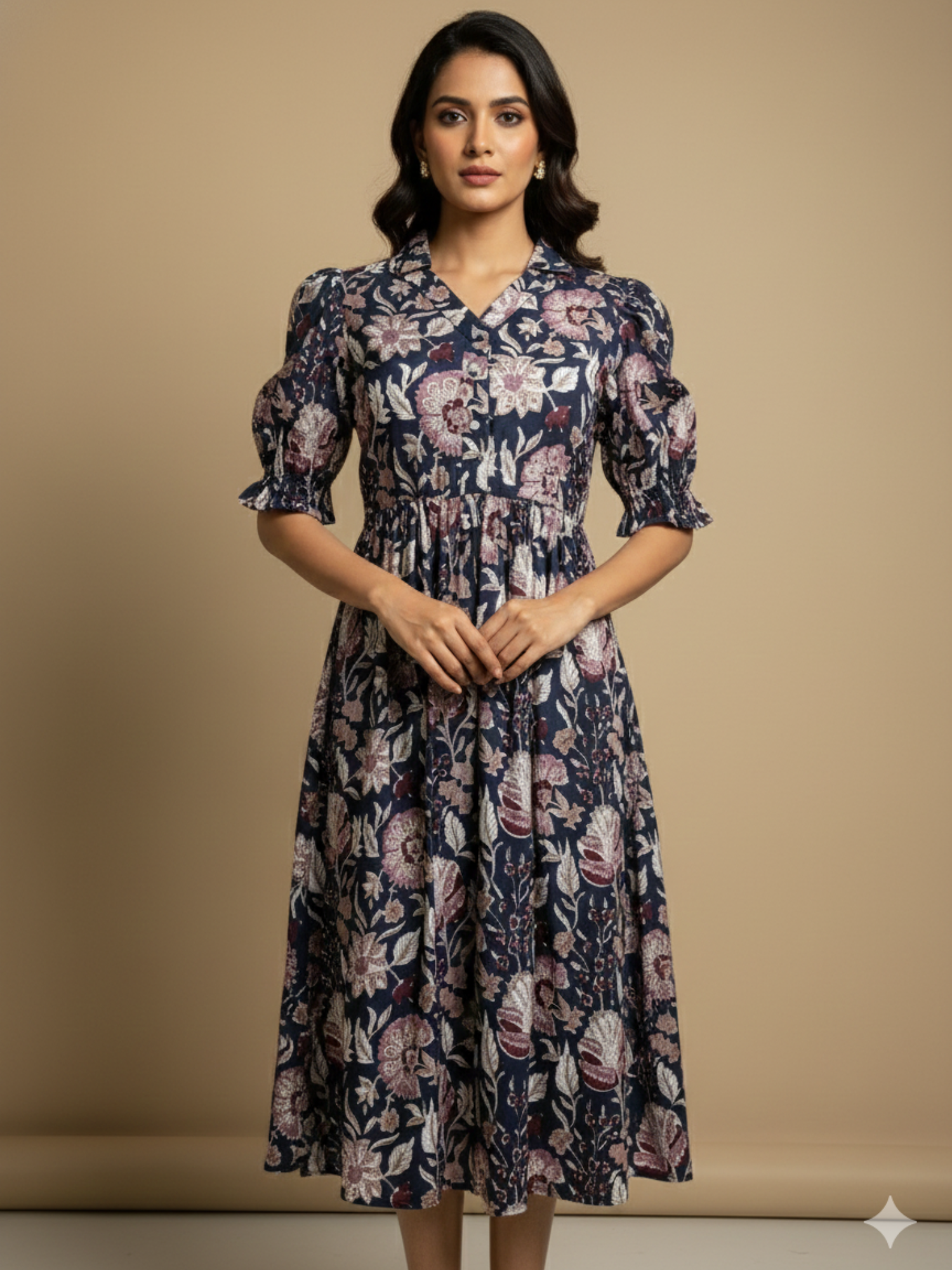Blue collar block print dress
