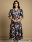 Blue collar block print dress