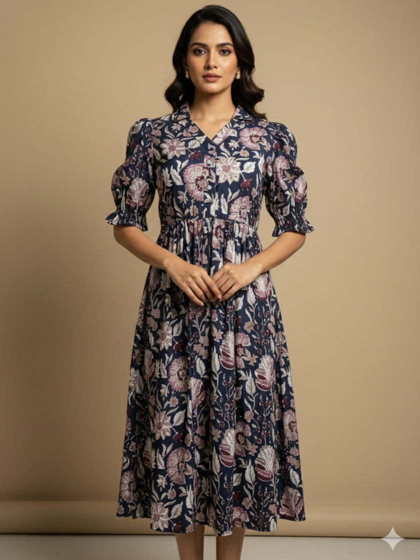 Blue collar block print dress