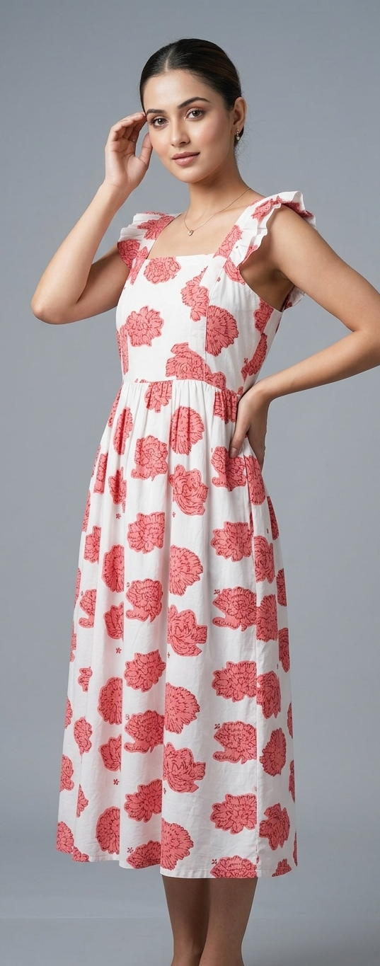 Marigold Floral Hand block Printed Cotton Dress