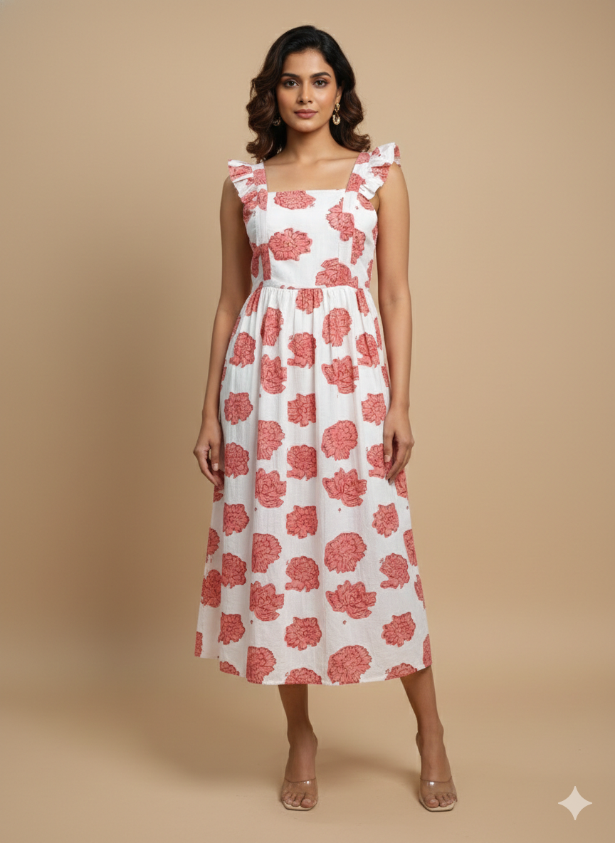 Marigold block print dress L
