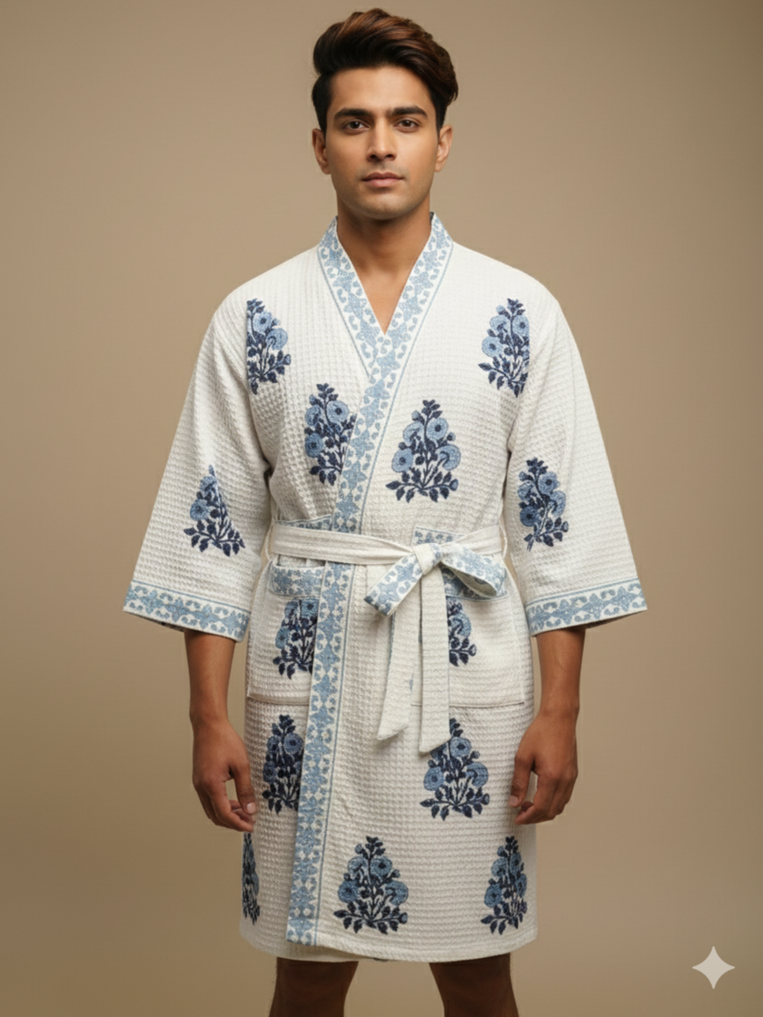 BLOCK PRINT BATHROBE, TOWEL NAPKIN SET
