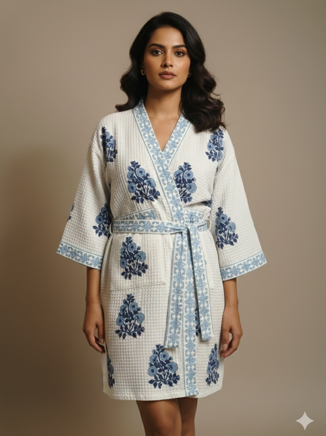 BLOCK PRINT BATHROBE, TOWEL NAPKIN SET
