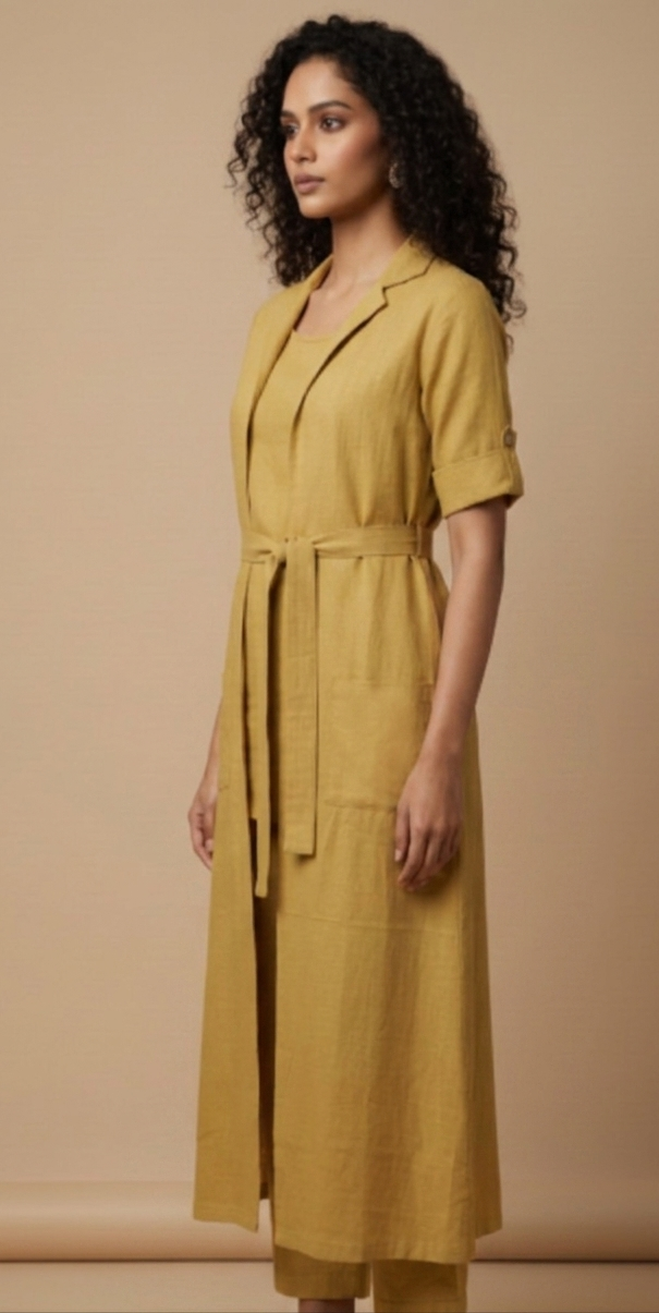 Mustard Hand block Printed Cotton Shrug Suit Set with Inner