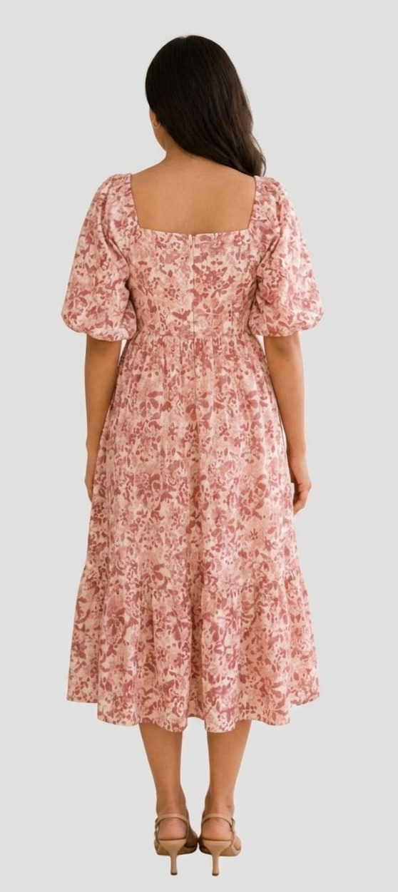 Red Floral Hand block Print Cotton Midi Dress