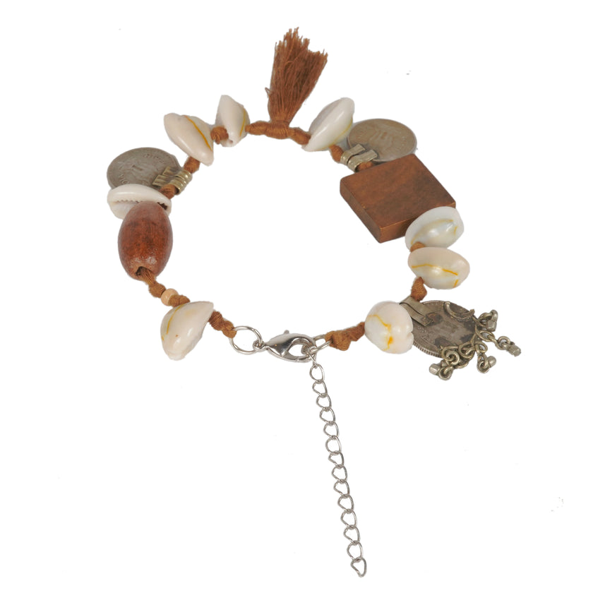 WHE Handmade Tribal Shell Wood And Repurposed Coin Bracelet