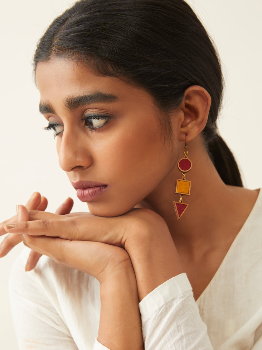 WHE Red and Yellow Festive Repurposed Fabric and Wood Geometrical Earring