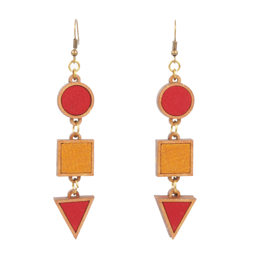 WHE Red and Yellow Festive Repurposed Fabric and Wood Geometrical Earring