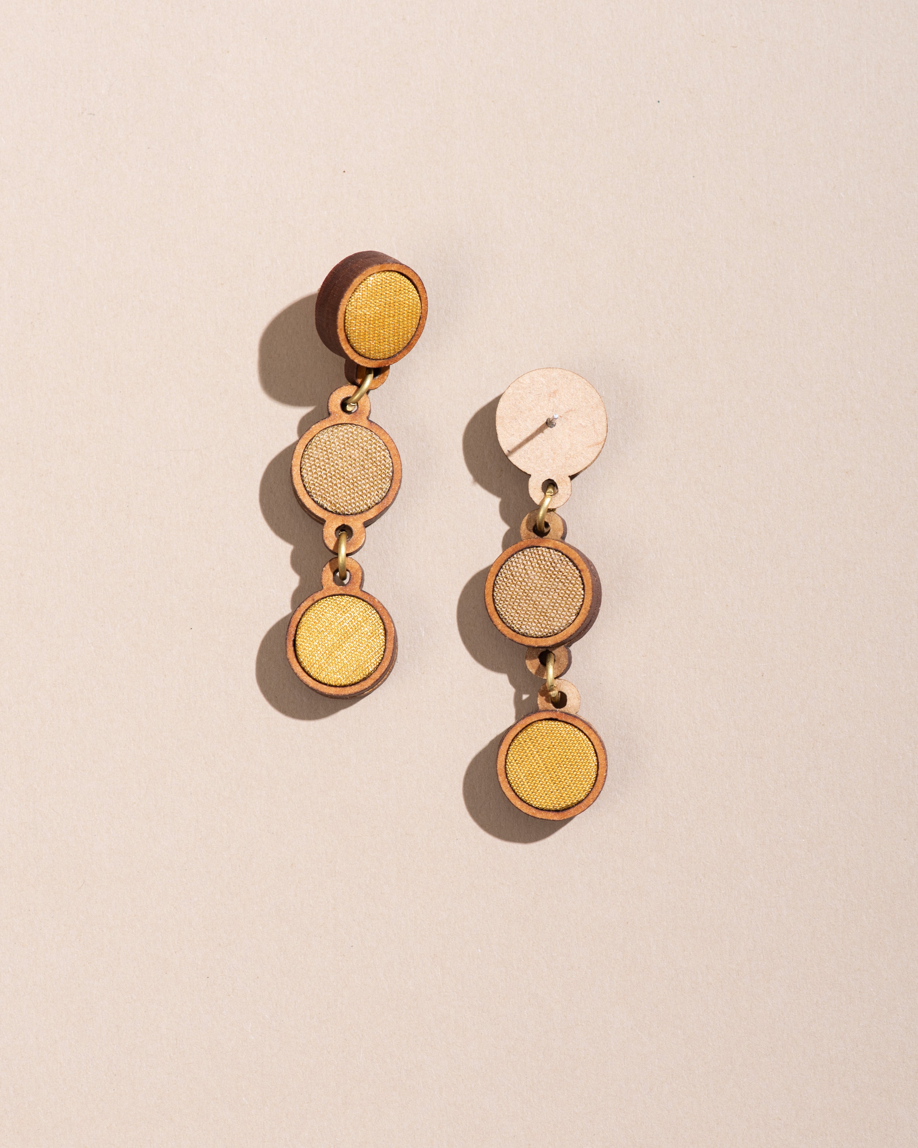 WHE Yellow Festive Repurposed Fabric and Wood Round Earring