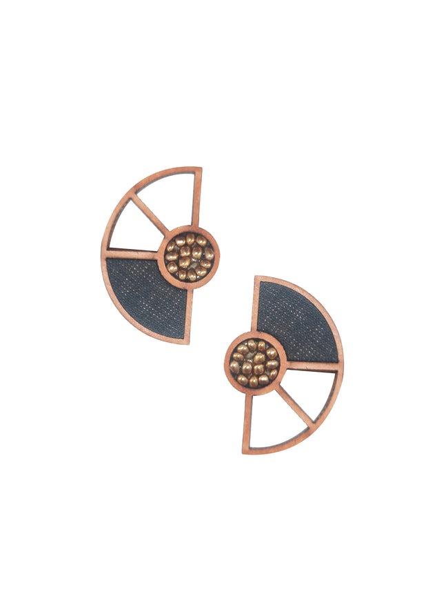 WHE Black Geometrical Upcycled Fabric and Repurposed Wood Earring