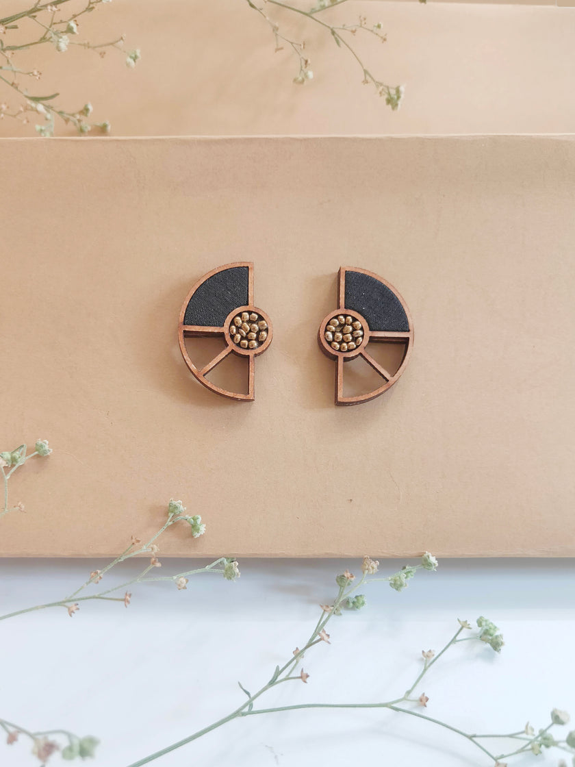 WHE Black Geometrical Upcycled Fabric and Repurposed Wood Earring