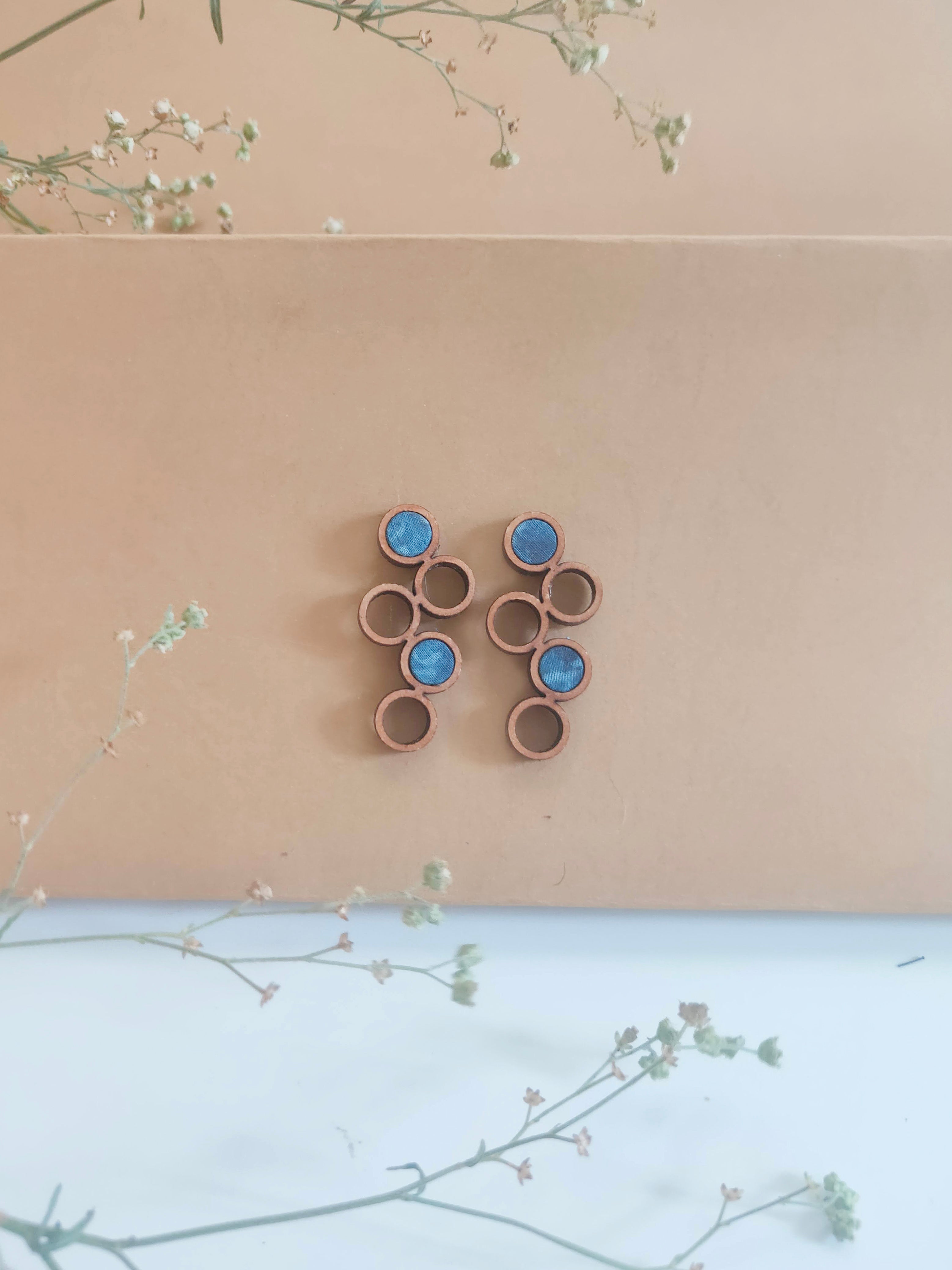 WHE Blue Unity Repurposed Fabric and Wood Earring