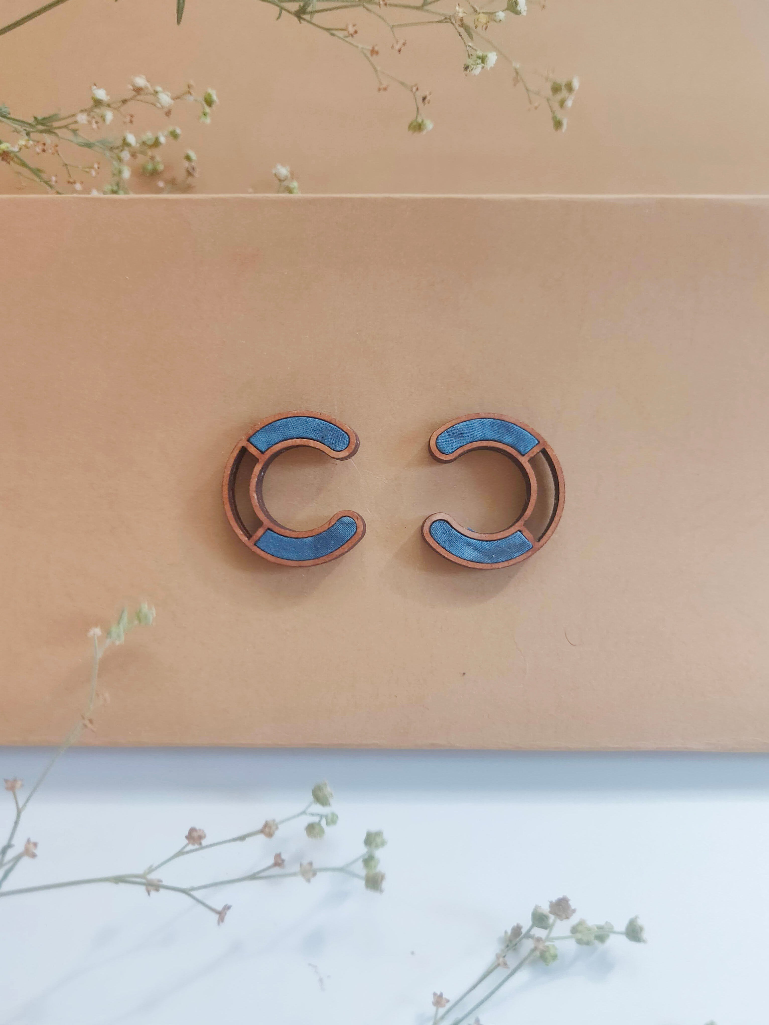 WHE Blue Compassion Upcycled Fabric and Repurposed Wood Earring