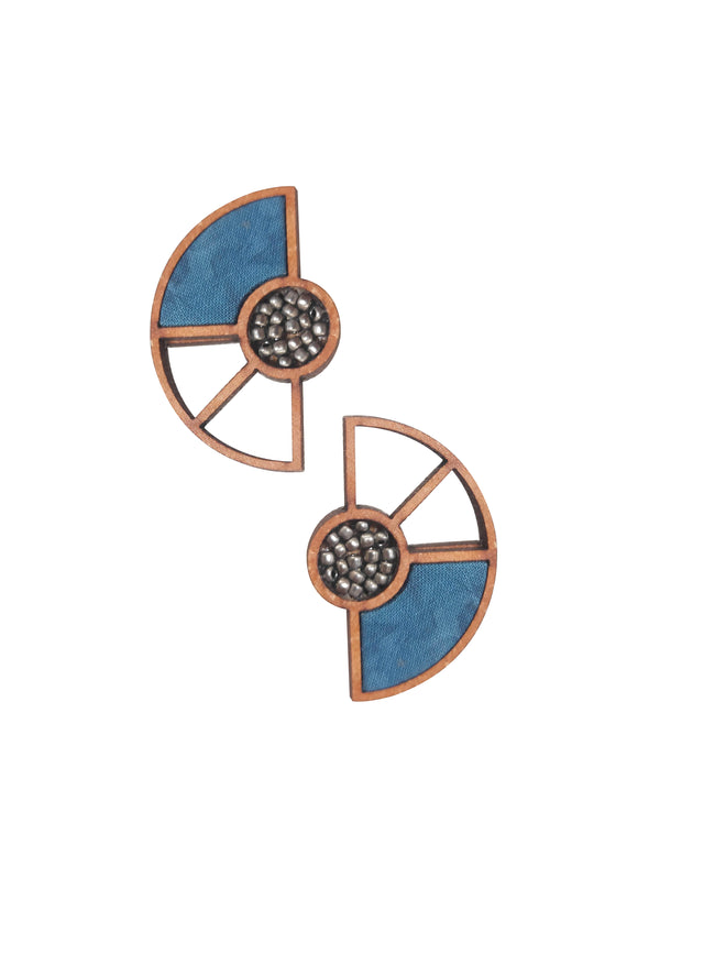 WHE Blue Geometrical Upcycled Fabric and Repurposed Wood Earring