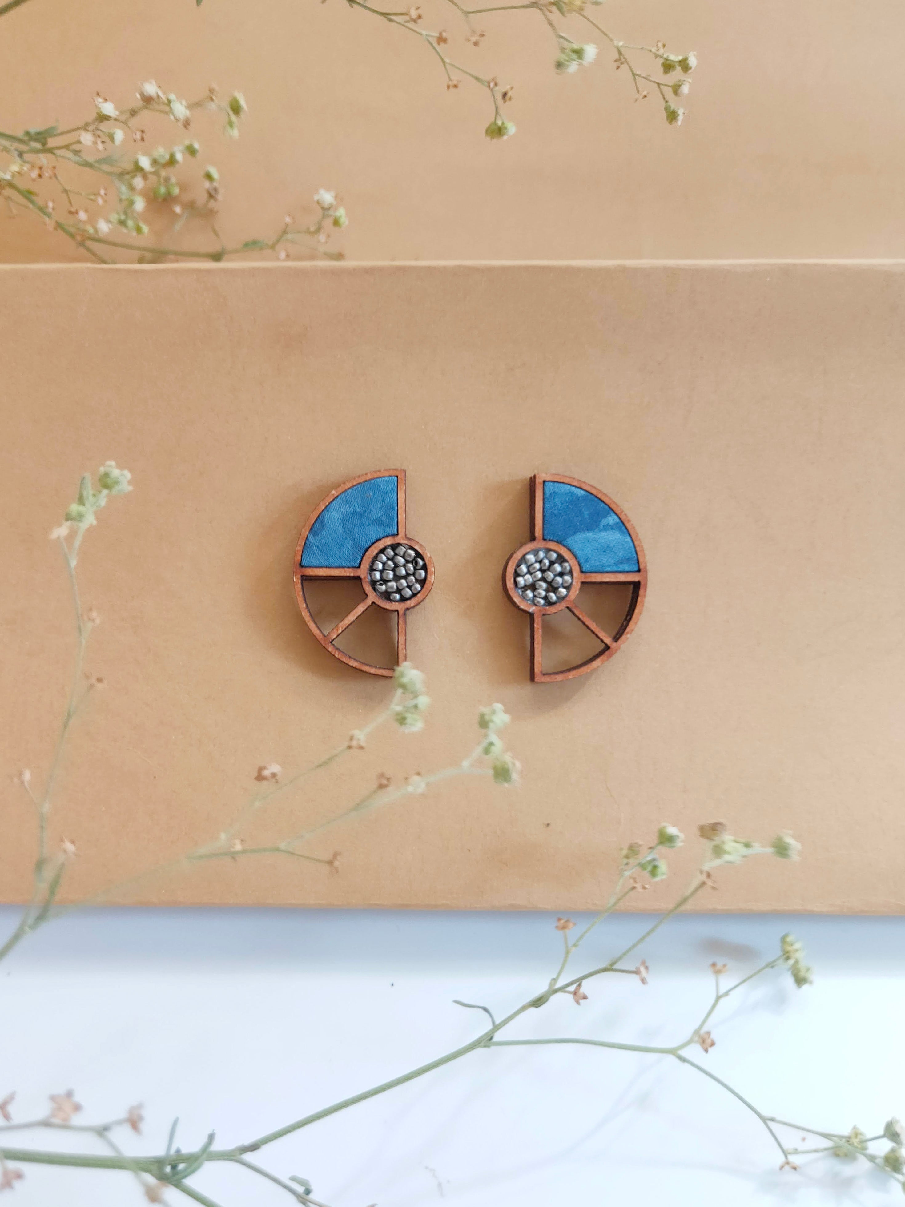 WHE Blue Geometrical Upcycled Fabric and Repurposed Wood Earring