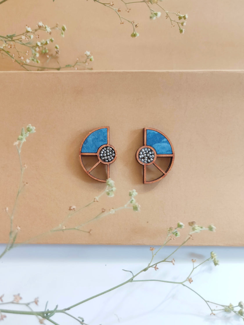 WHE Blue Geometrical Upcycled Fabric and Repurposed Wood Earring