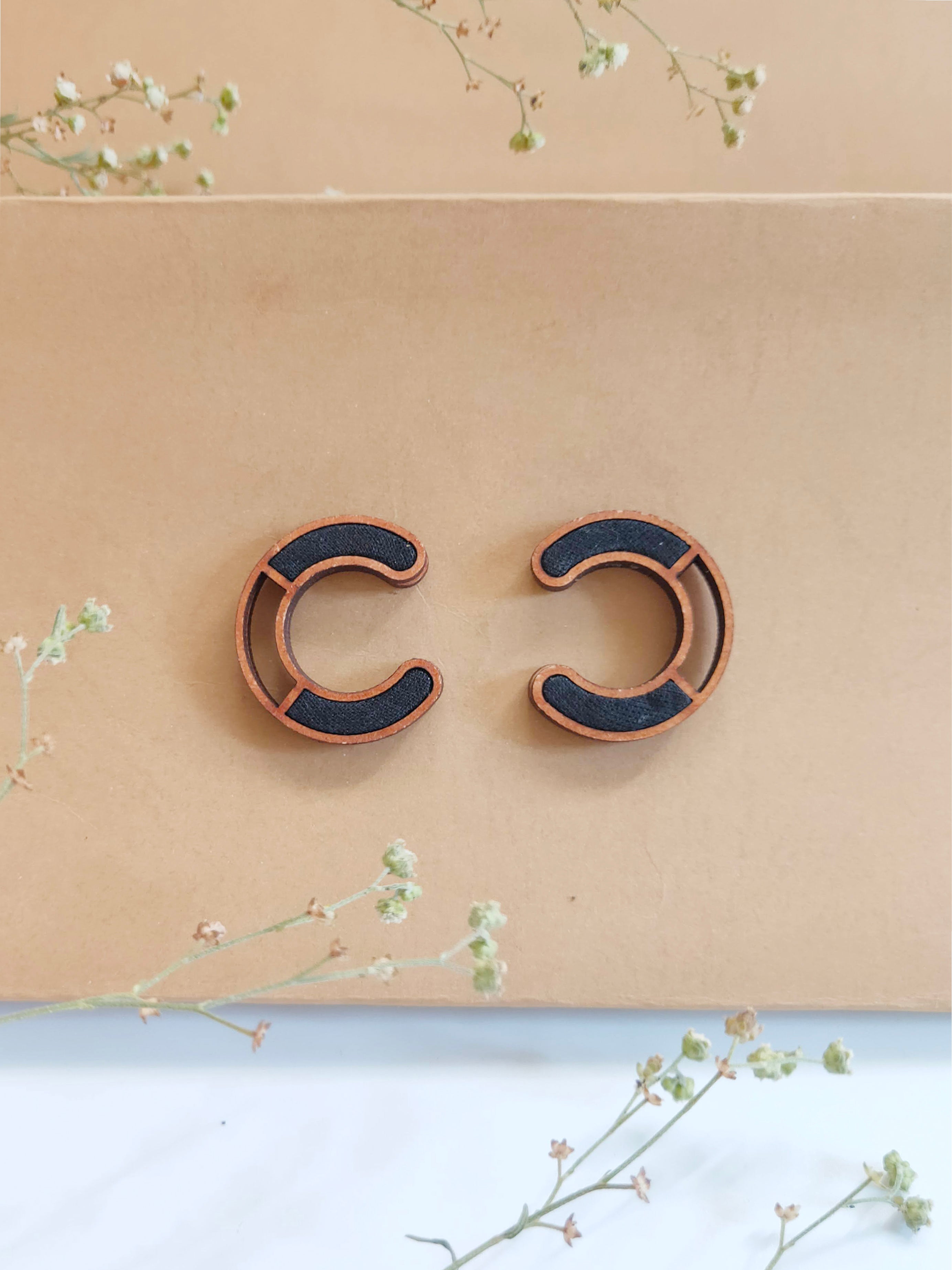 WHE Black Compassion Upcycled Fabric and Repurposed Wood Earring