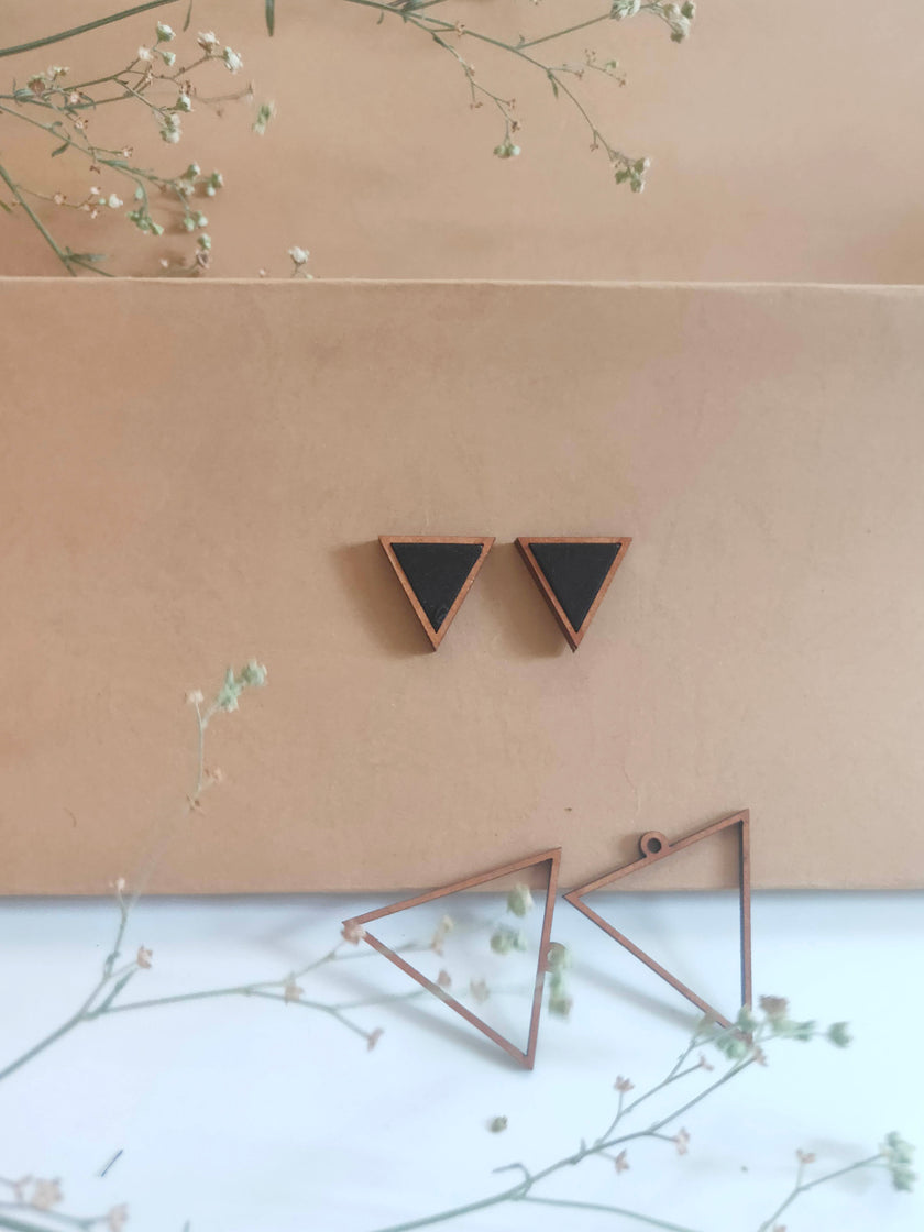 WHE Black Two Look in One Repurposed Fabric and Wood Triangle Earring