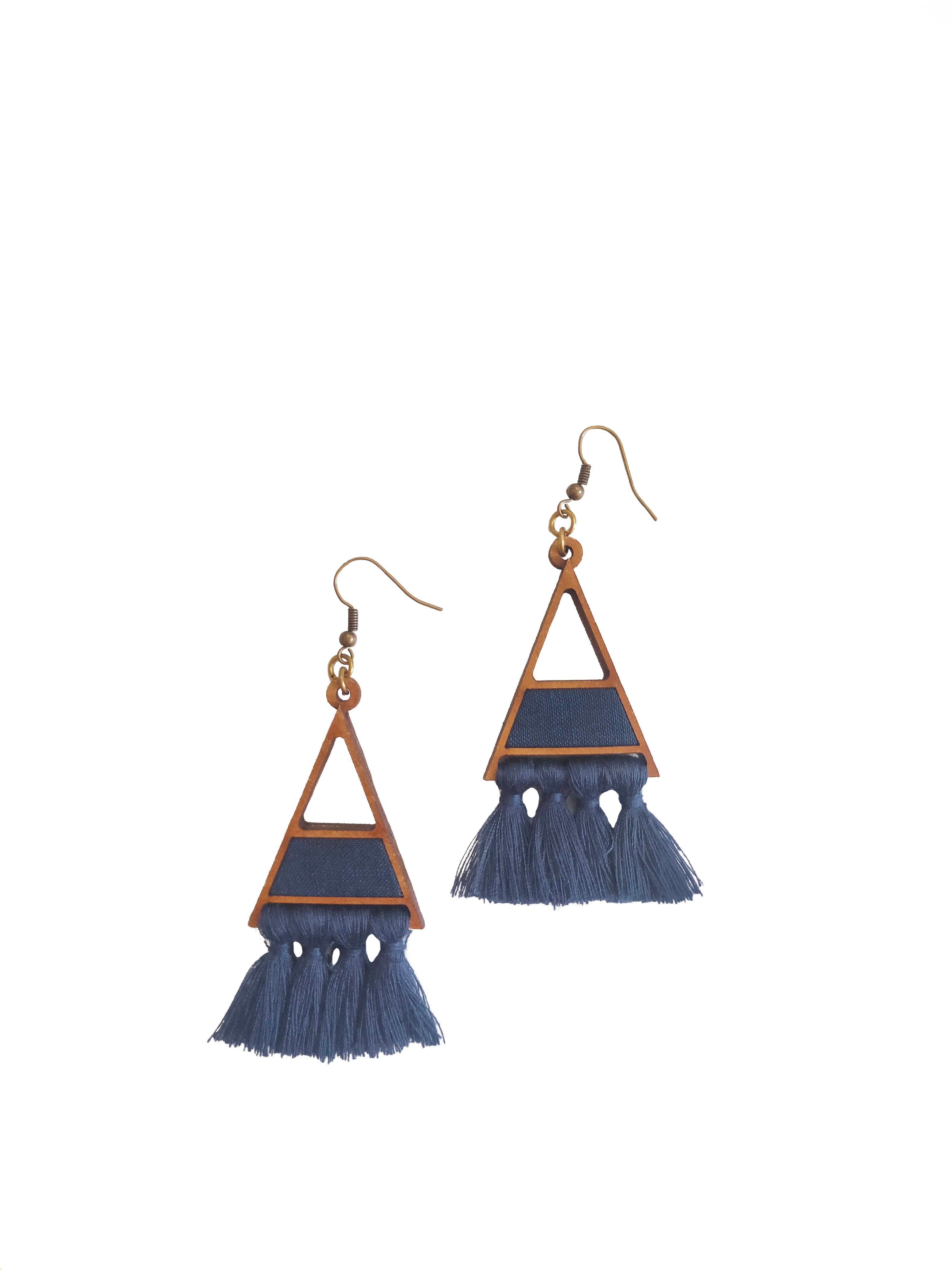 WHE Triangle Tassel Repurposed Wood Earrings (BLUE)