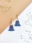WHE Blue Triangle Repurposed Fabric and Wood Earring with Tassels