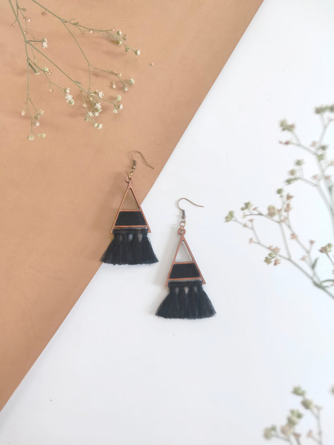WHE Tassel Triangle Repurposed Wood Earrings