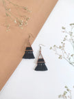WHE Black Triangle Repurposed Fabric and Wood Earring with Tassels