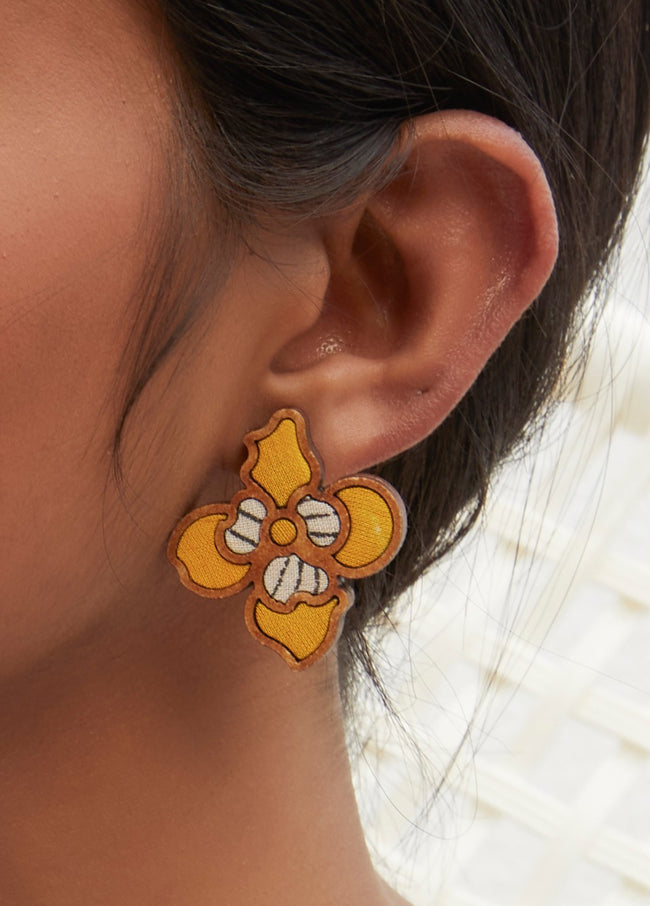 WHE Yellow Bloom Repurposed Fabric and Wood Flower Stud