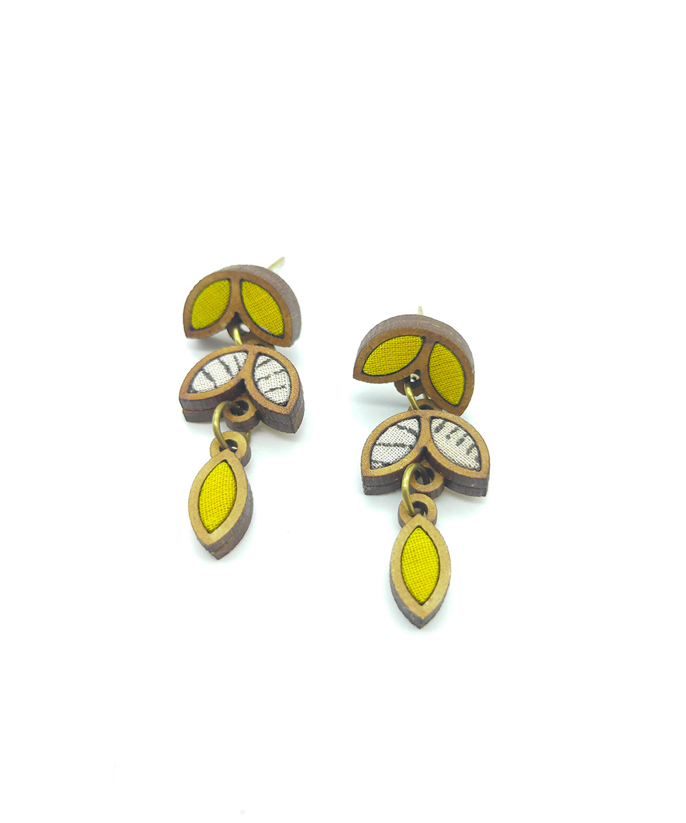 WHE Yellow White Bloom Repurposed Fabric and Wood Leaf Dangler