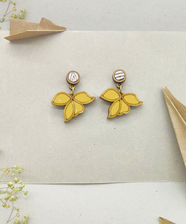 WHE Yellow Bloom Repurposed Fabric and Wood Leaf Earring