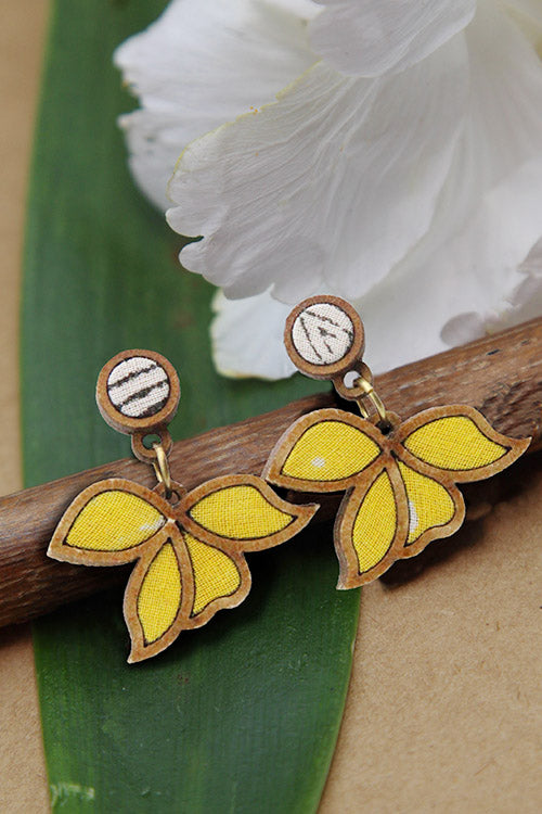 WHE Yellow Bloom Repurposed Fabric and Wood Leaf Earring