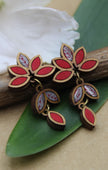 WHE Red Grey Bloom Repurposed Fabric and Wood Leaf Dangler