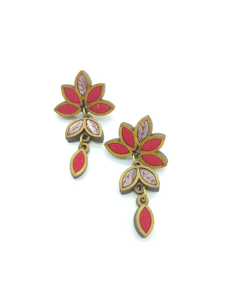 WHE Red Grey Bloom Repurposed Fabric and Wood Leaf Dangler