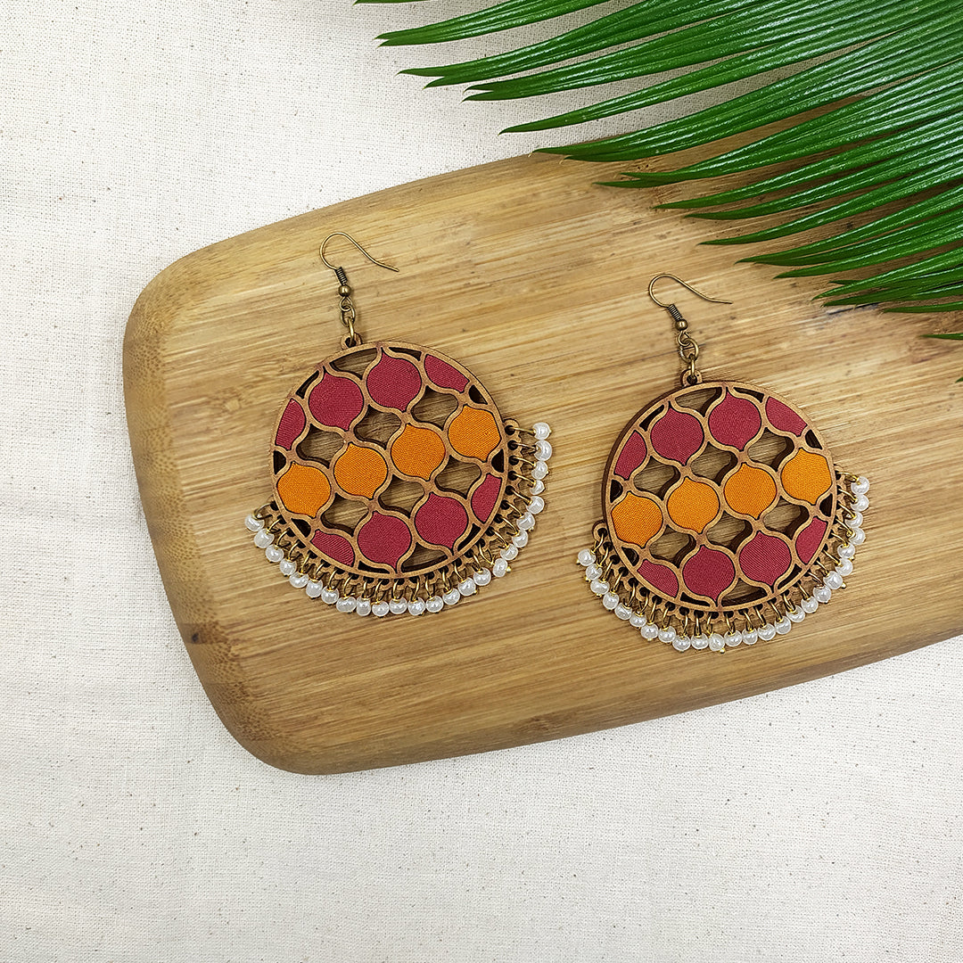WHE Red Mustard Festive Repurposed Fabric and Wood Statement Danglers