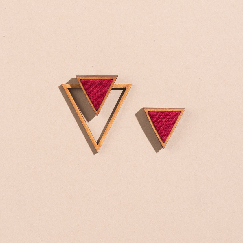 WHE Maroon Two Look in One Repurposed Fabric and Wood Triangle Earring