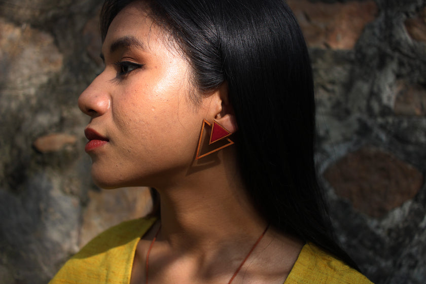 WHE Maroon Two Look in One Repurposed Fabric and Wood Triangle Earring