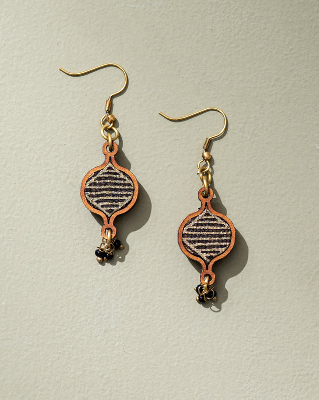 WHE Black Festive Repurposed Fabric and Wood Earrings