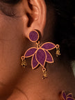 WHE Purple Lotus Repurposed Fabric and Wood Statement Earrings