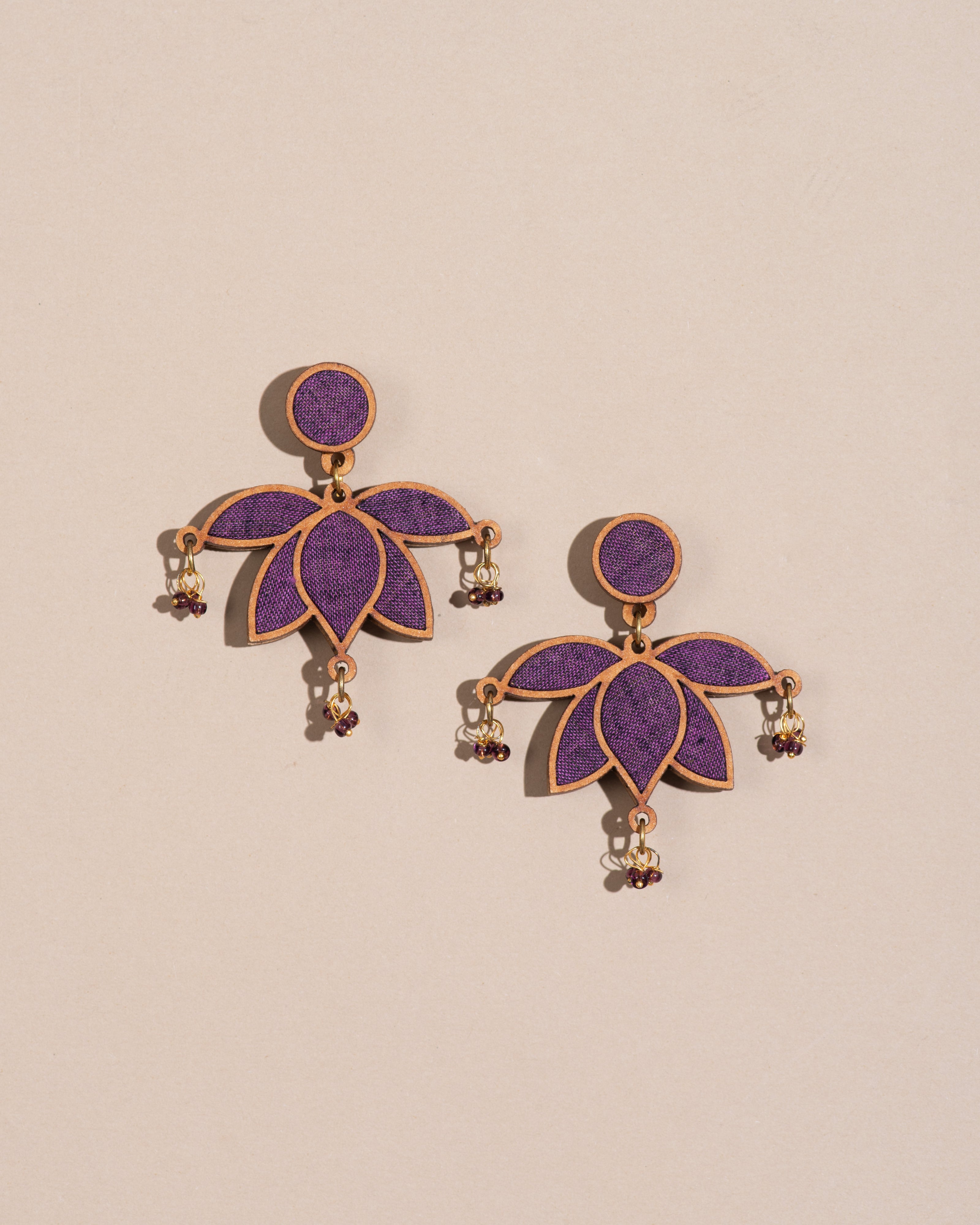 WHE Purple Lotus Repurposed Fabric and Wood Statement Earrings