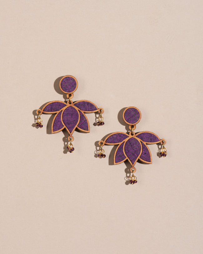 WHE Purple Lotus Repurposed Fabric and Wood Statement Earrings
