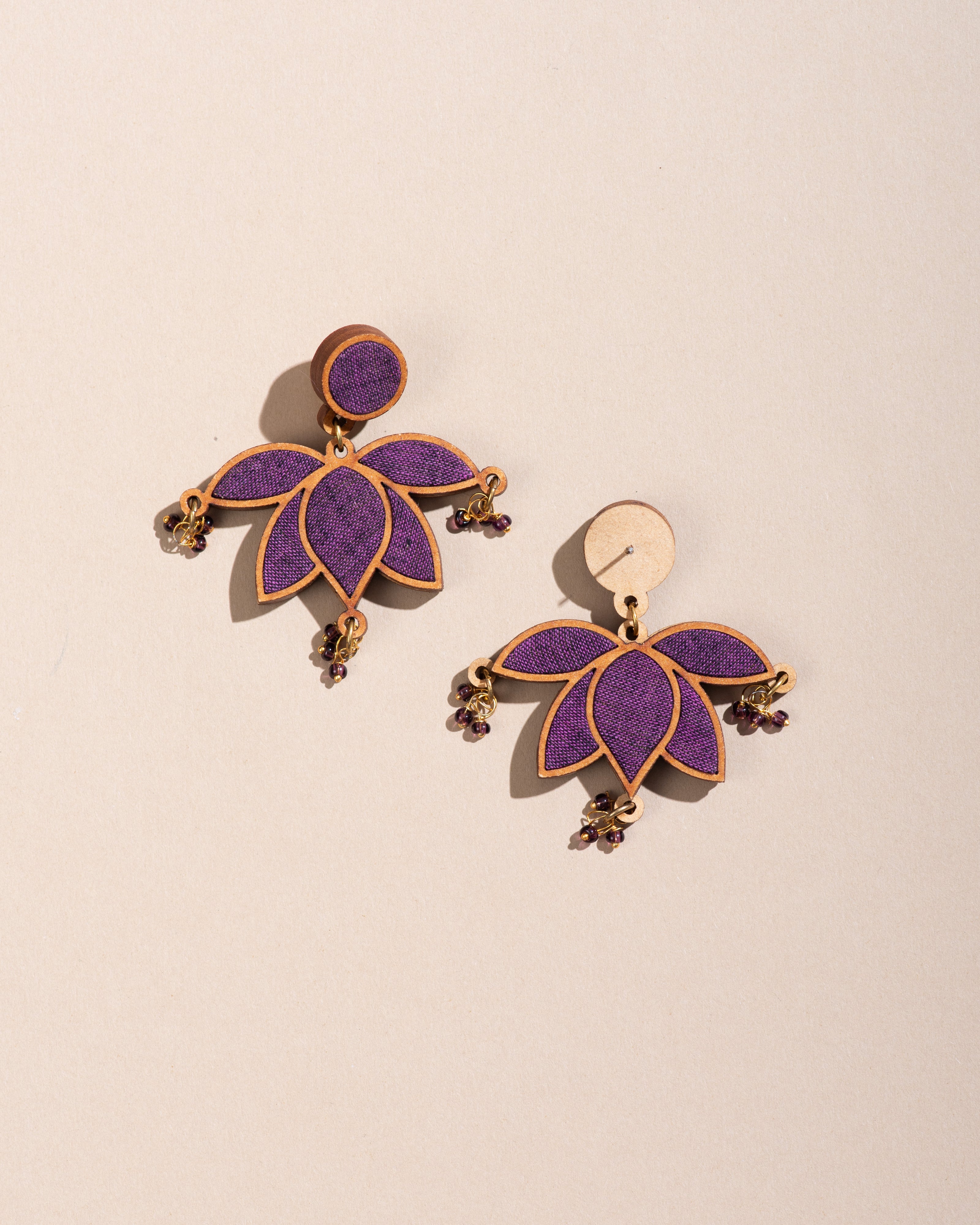 WHE Purple Lotus Repurposed Fabric and Wood Statement Earrings