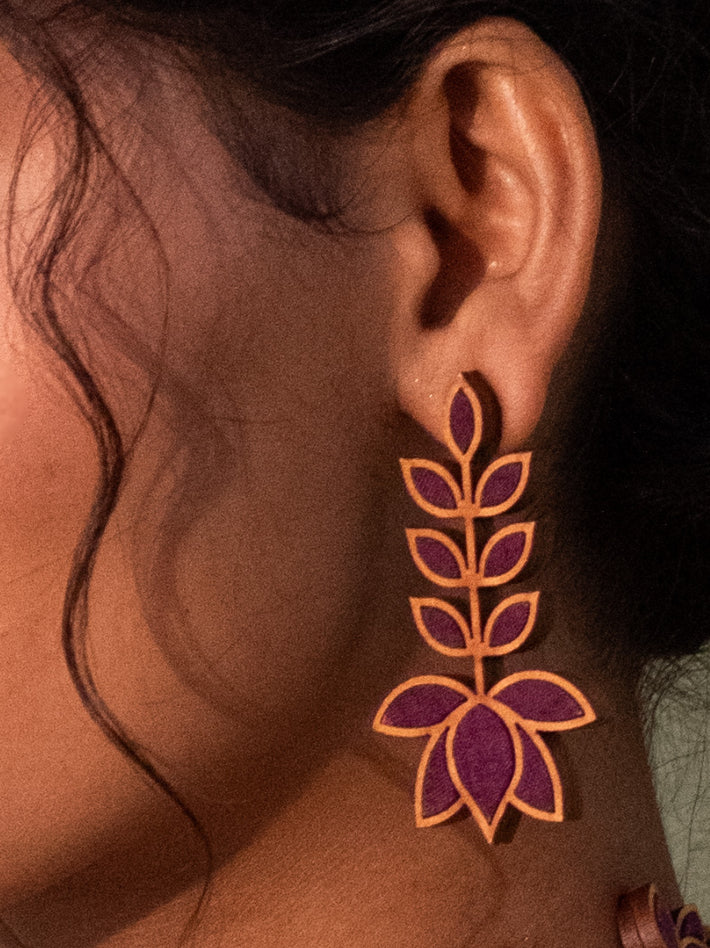 WHE Purple Leaf Motif Repurposed Fabric and Wood Earrings