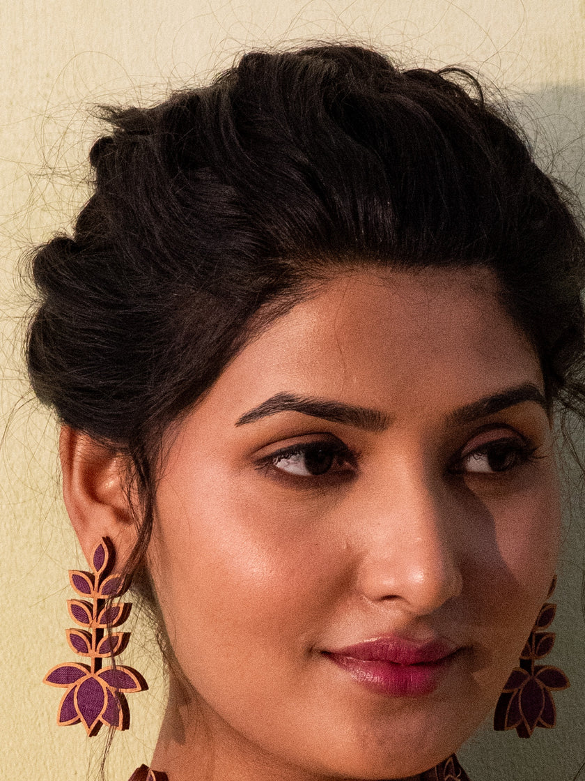 WHE Purple Leaf Motif Repurposed Fabric and Wood Earrings