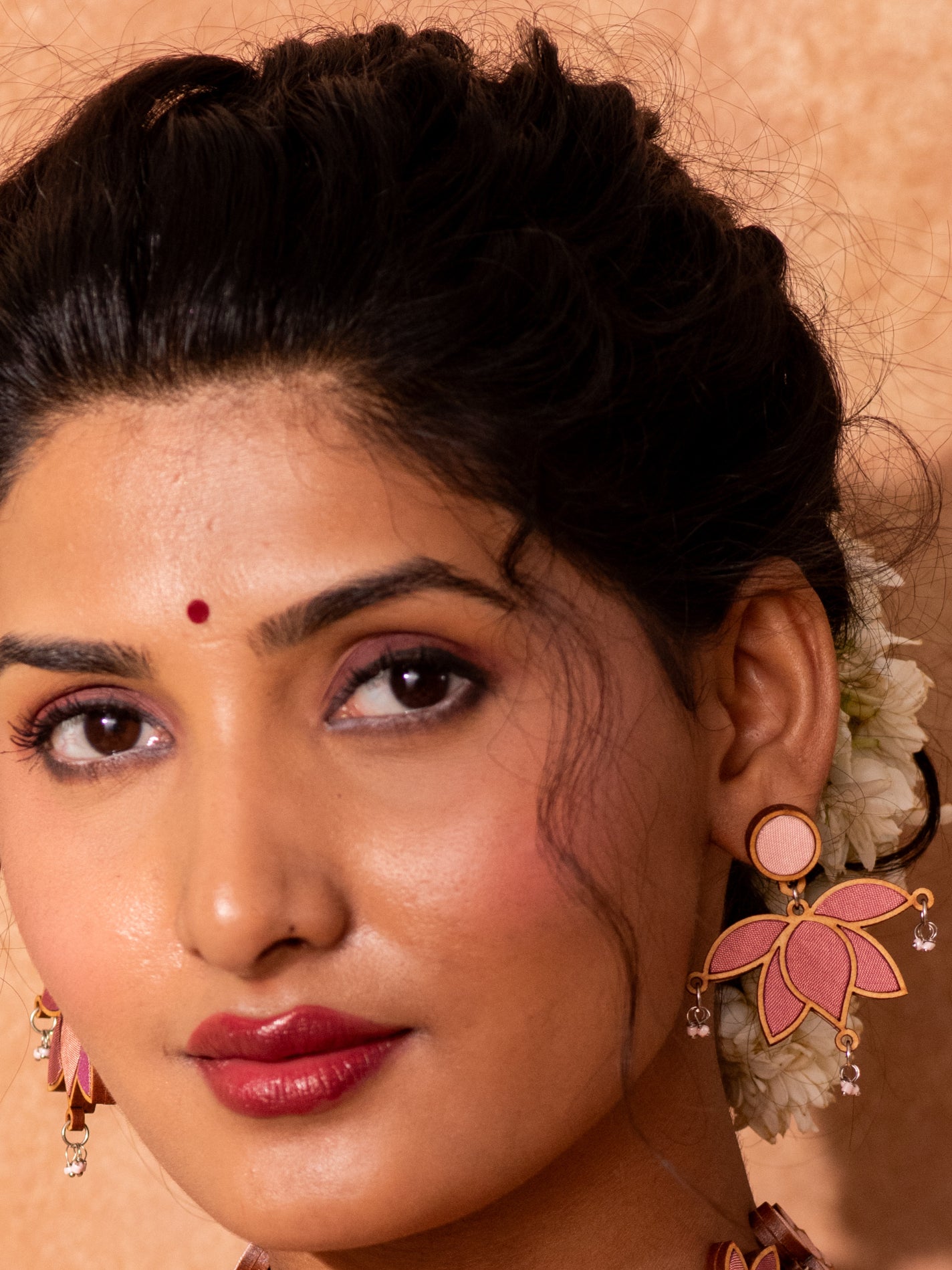 WHE Pink Festive Lotus Repurposed Fabric and Wood Statement Earrings