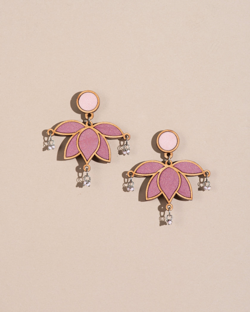 WHE Pink Festive Lotus Repurposed Fabric and Wood Statement Earrings