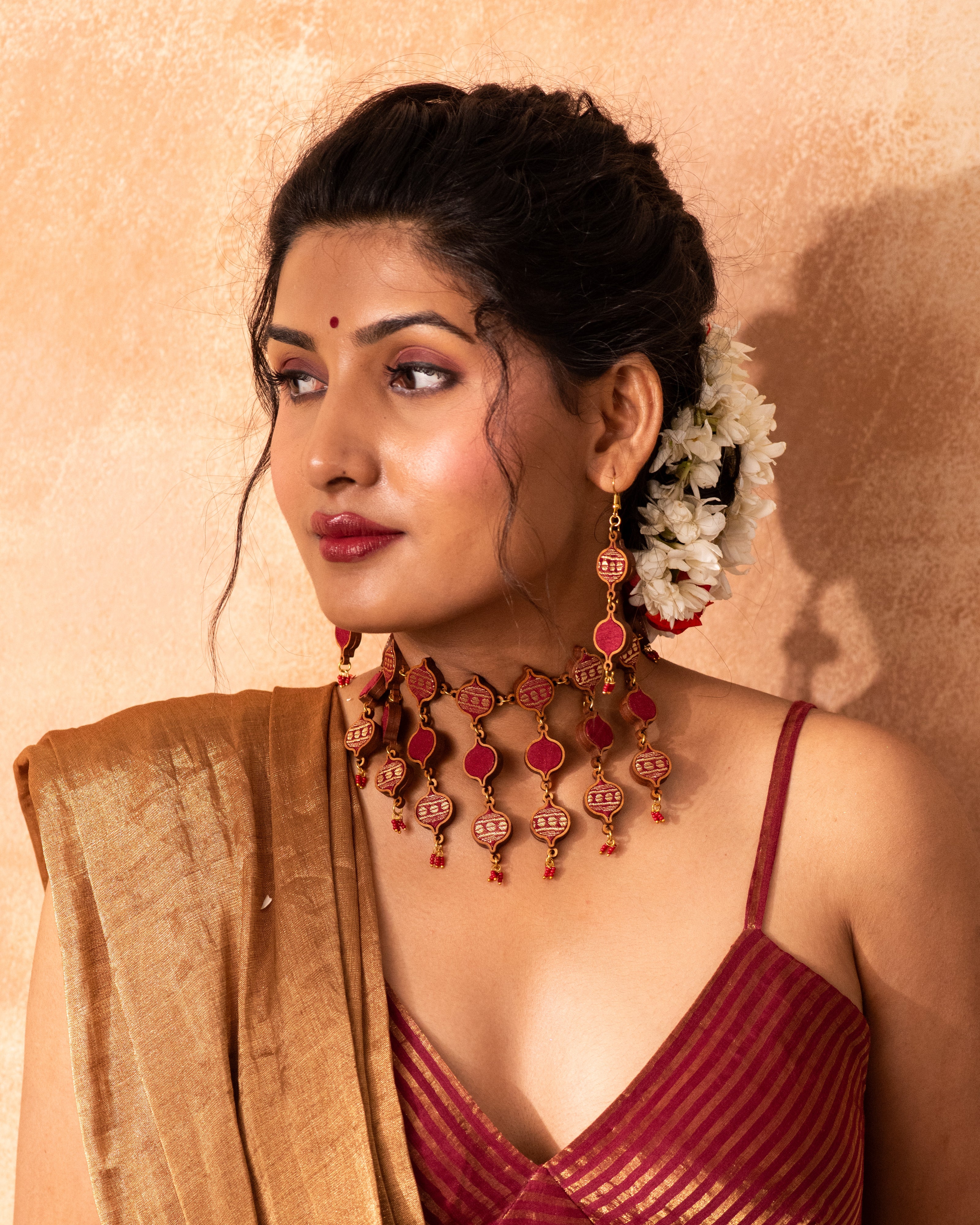 WHE Red and Gold Festive Multi Layered Repurposed Fabric and Wood Earrings