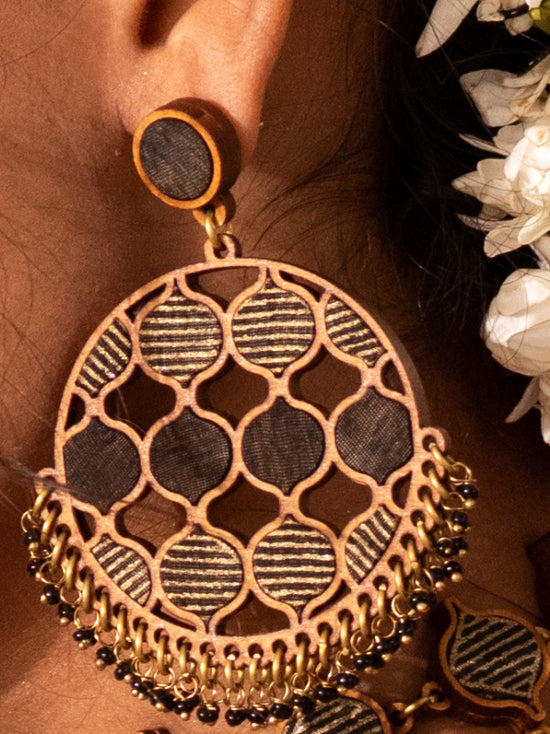 WHE Black Festive Round Repurposed Fabric and Wood Earrings
