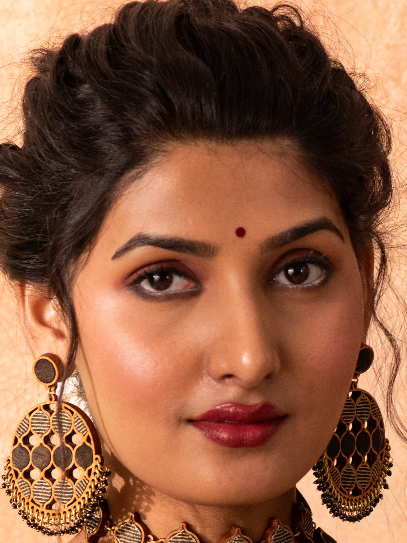 WHE Black Festive Round Repurposed Fabric and Wood Earrings