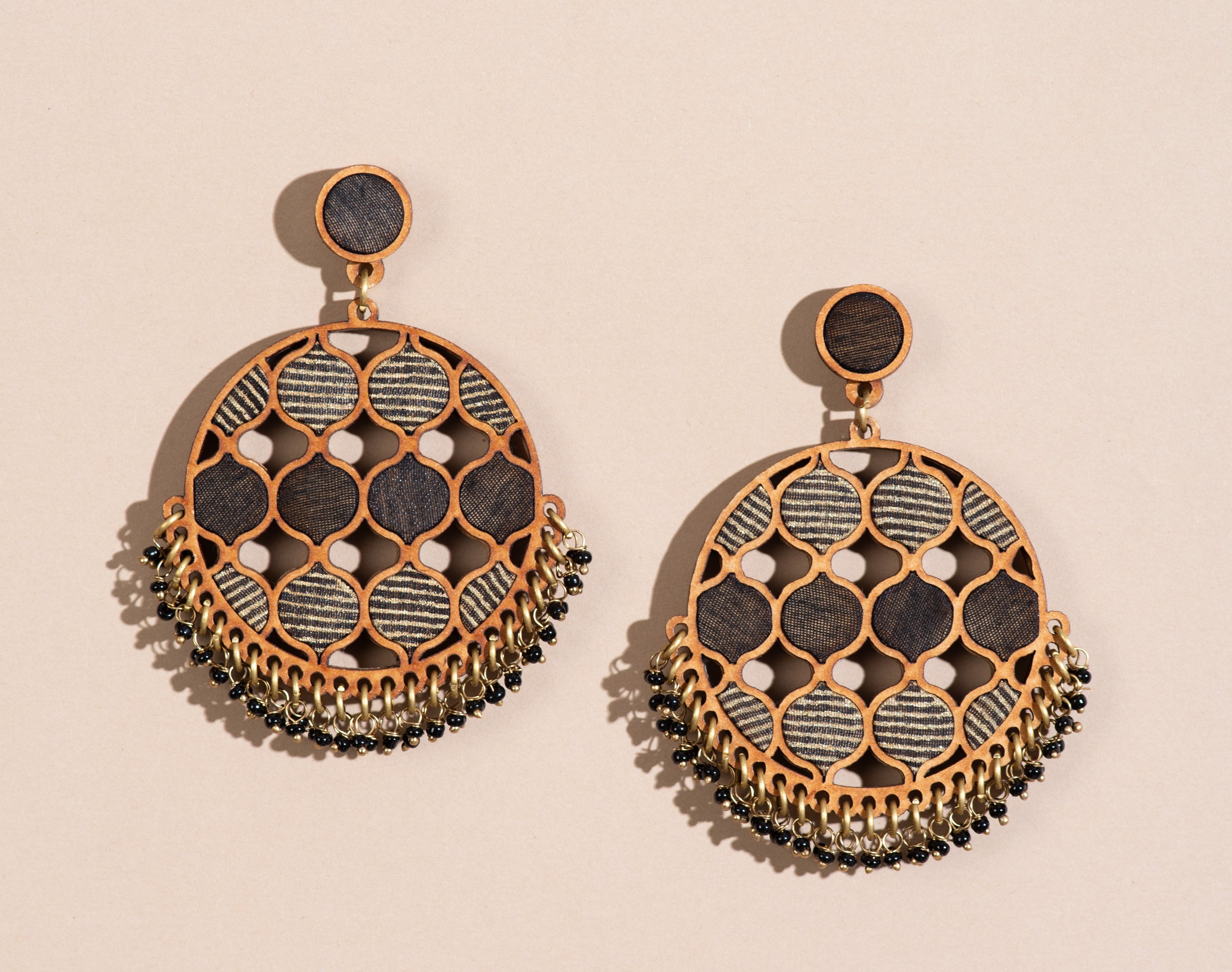 WHE Black Festive Round Repurposed Fabric and Wood Earrings