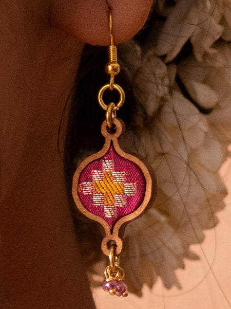 WHE Pink Festive Repurposed Fabric and Wood Earrings