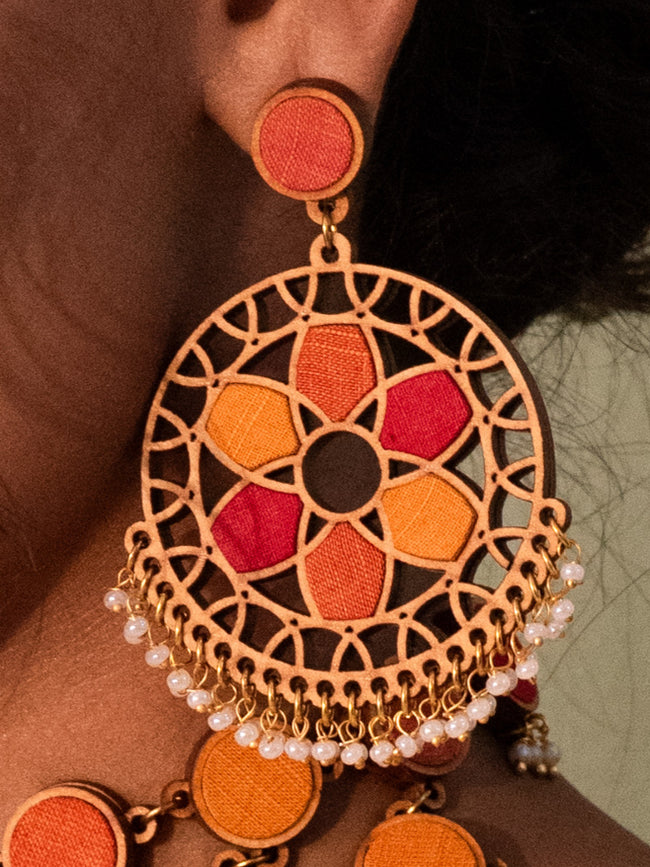 WHE Red and Orange Festive Wheel Repurposed Fabric and Wood Earrings